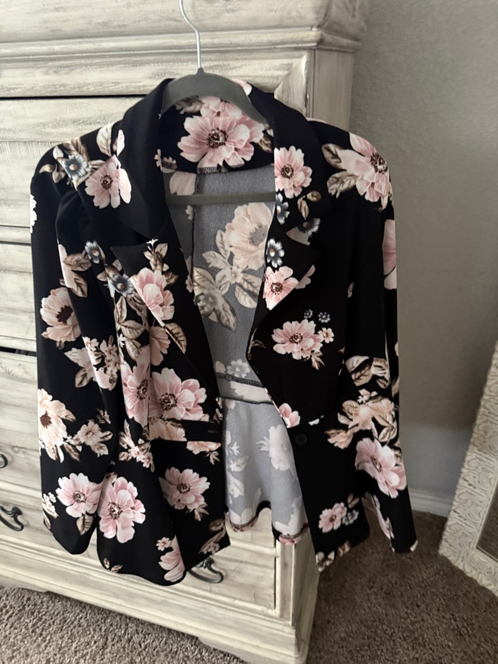 Black Floral Blazer Jacket with Pink Flower Print